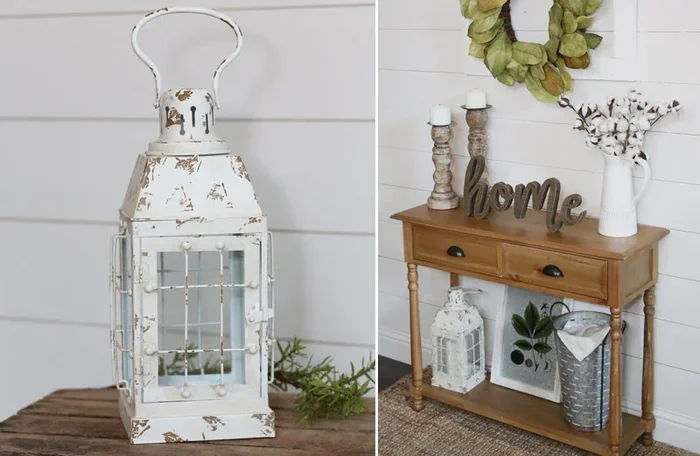 Distressed White Decorative Lantern – Chippy Farmhouse – Decor Steals