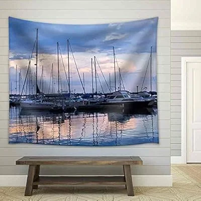 Docked Sailboats in Marina at Sunset – Fabric Wall Tapestry Home Decor – 51×60 inches
