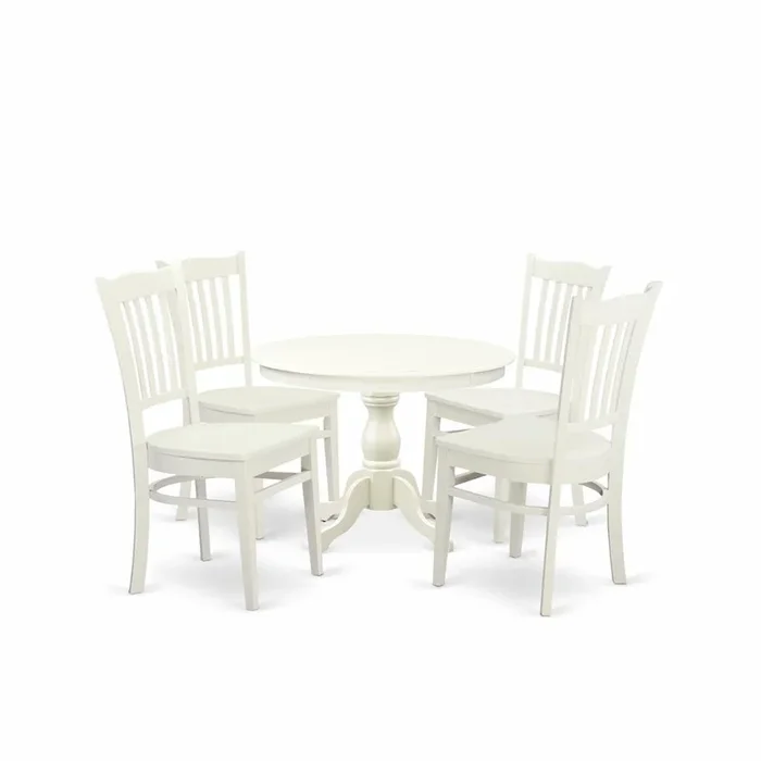 East West Furniture HBGR5-LWH-W 5 Piece Table and Chairs Dining Set – Linen White Wood Table and 4 Linen White Wooden Chairs with Slatted Back – Linen White Finish