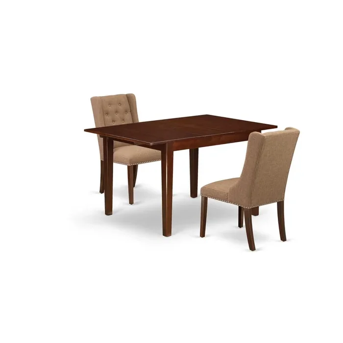 East West Furniture MLFO3-MAH-47 3Pc Kitchen Dining Set Includes 1 Butterfly Leaf Rectangular Dining Table and 2 Light Sable Linen Fabric Parson Dining Chairs with Button Tufted Back – Mahogany Finish