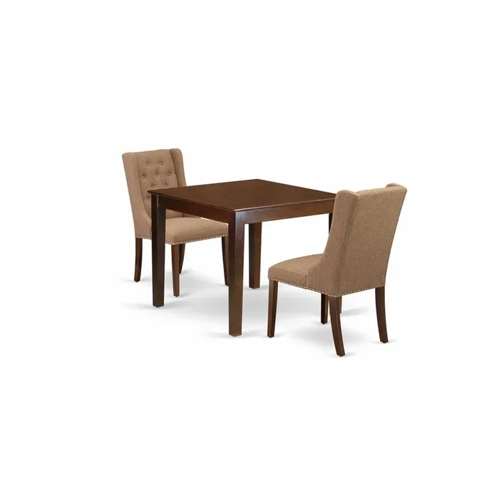 East West Furniture OXFO3-MAH-47 3-Pc Dinette Room Set Includes 1 Modern Kitchen Table and 2 Light Sable Linen Fabric Upholstered Dining Chairs with Button Tufted Back – Mahogany Finish