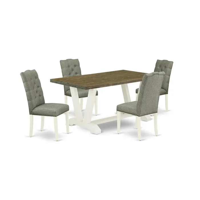 East West Furniture V076EL207-5 5-Piece Dining Set- 4 Dining Chairs with Smoke Linen Fabric Seat and Button Tufted Chair Back – Rectangular Table Top & Wooden Legs – Distressed Jacobean and Linen Whit