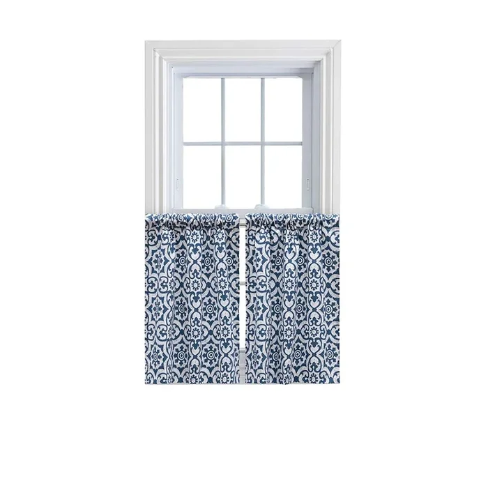 Ellis Athens Printed Tile Design on Navy Ground High Quality Tailored Tiers 1.5″ Rod Pocket 50″x24″ Navy