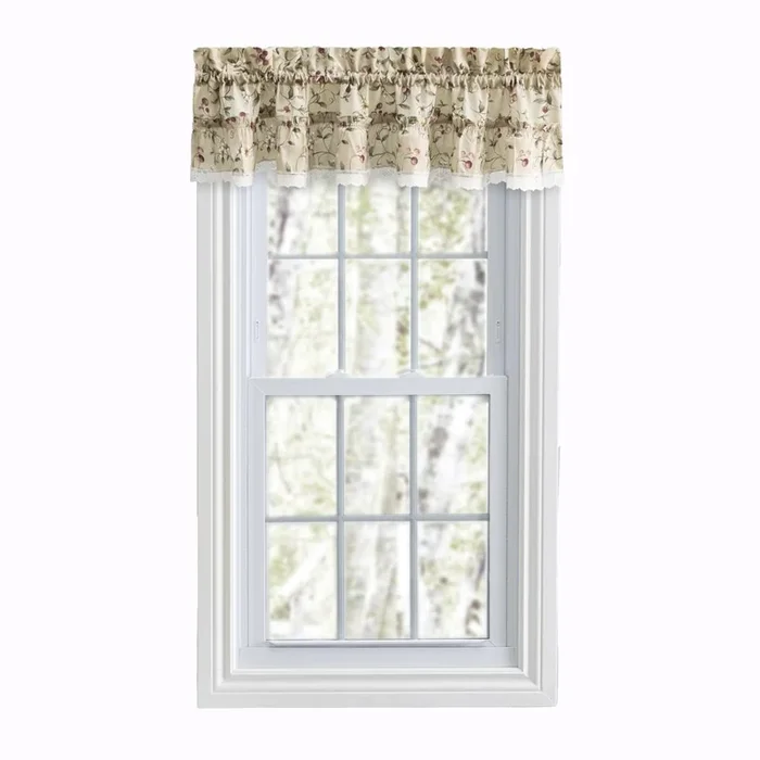 Ellis Curtain Cherries Ruffled 1.5″ Rod Pocket Valance for Windows 52″ x 12″ Natural