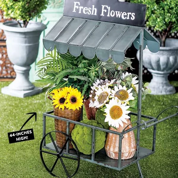 Farmhouse Iron Flower Cart with Roof – Decor Steals