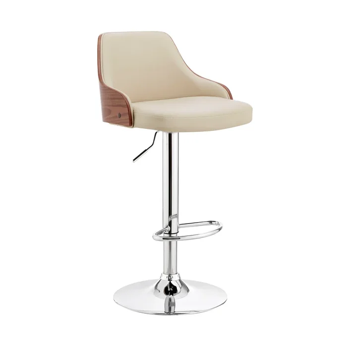 Faux Leather and Metal Adjustable Bar Stool, Cream and Silver – Benzara