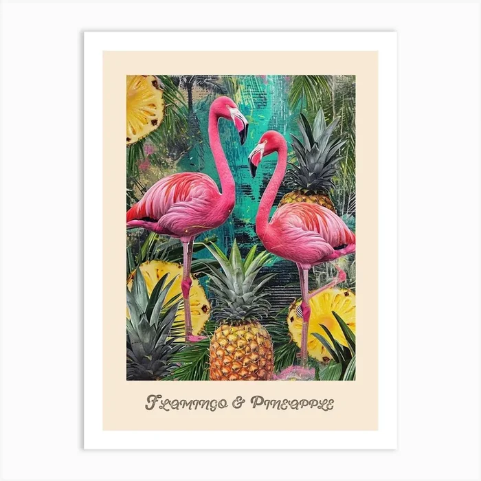 Flamingo & Pineapple Vintage Poster 5 Art Print by Bubblegum Kitsch
