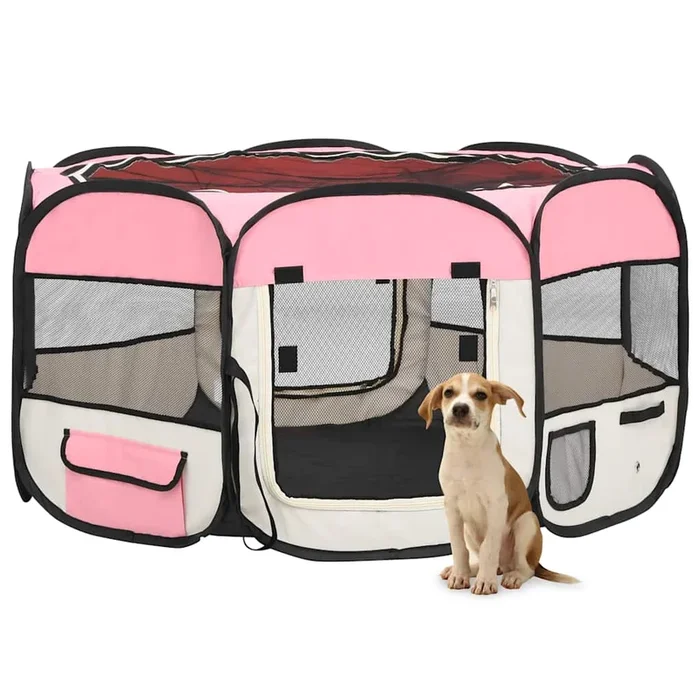 Foldable Dog Playpen with Carrying Bag Pink 49.2″x49.2″x24″