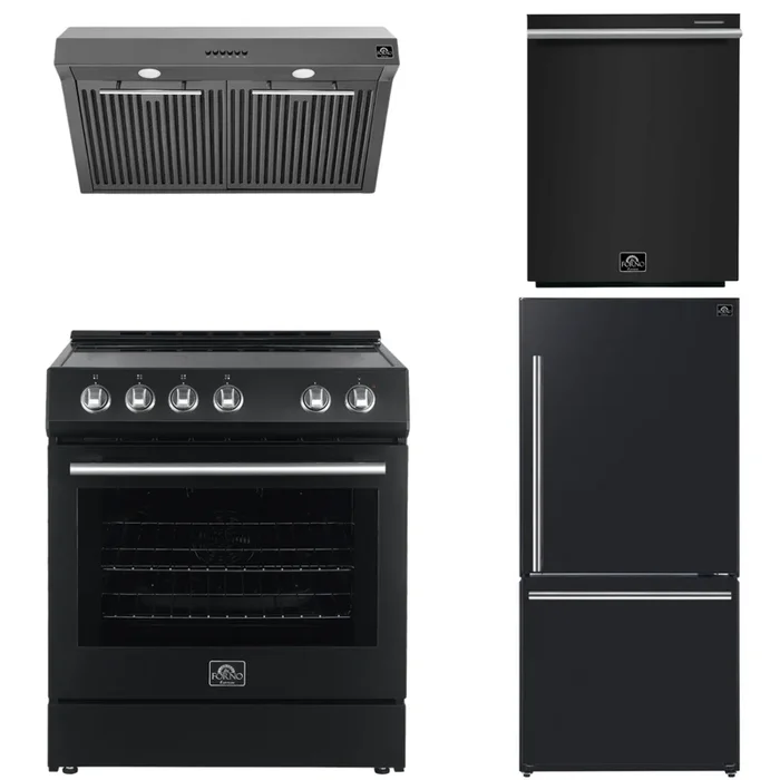 FORNO Espresso Package – 30″ Electric Range, Range Hood, Refrigerator and Dishwasher in Black with Silver Handles, FBDL-006-02US