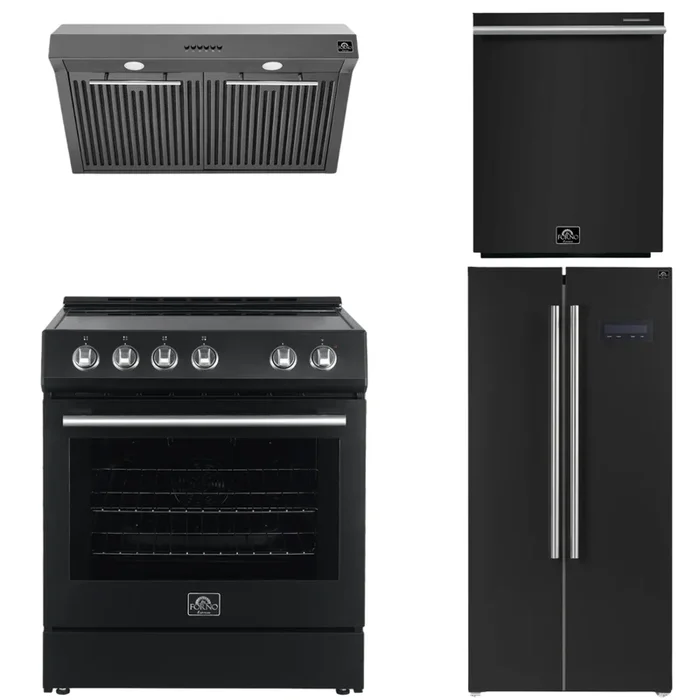 FORNO Espresso Package – 30″ Electric Range, Range Hood, Refrigerator and Dishwasher in Black with Silver Handles
