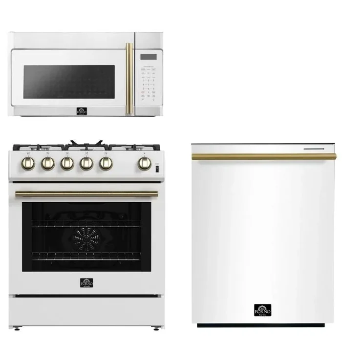 FORNO Espresso Package – 30″ Gas Range, Over-The-Range Microwave and Dishwasher in White with Antique Brass Accents, AP3-1116WHT-A10