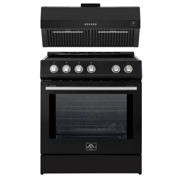 FORNO Espresso Package – 30″ Induction Range and Under Cabinet Range Hood in Black with Silver Accents