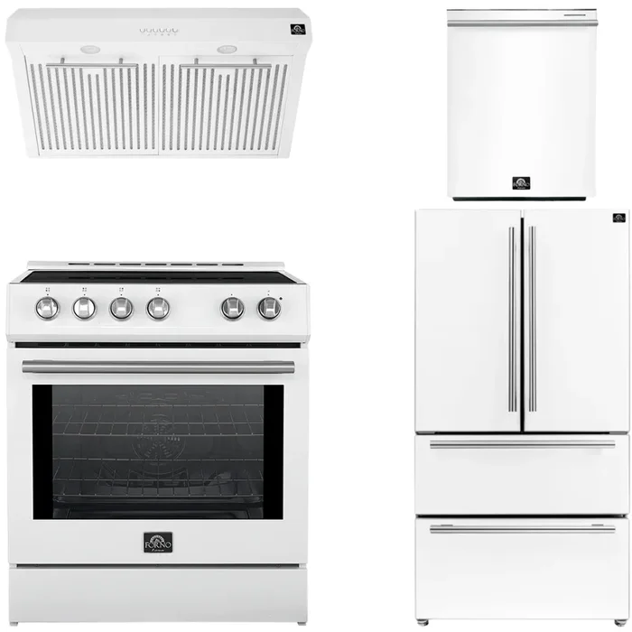 FORNO Espresso Package – 30″ Induction Range, Range Hood, 36″ Refrigerator with Ice Maker and Dishwasher in White with Silver Handles