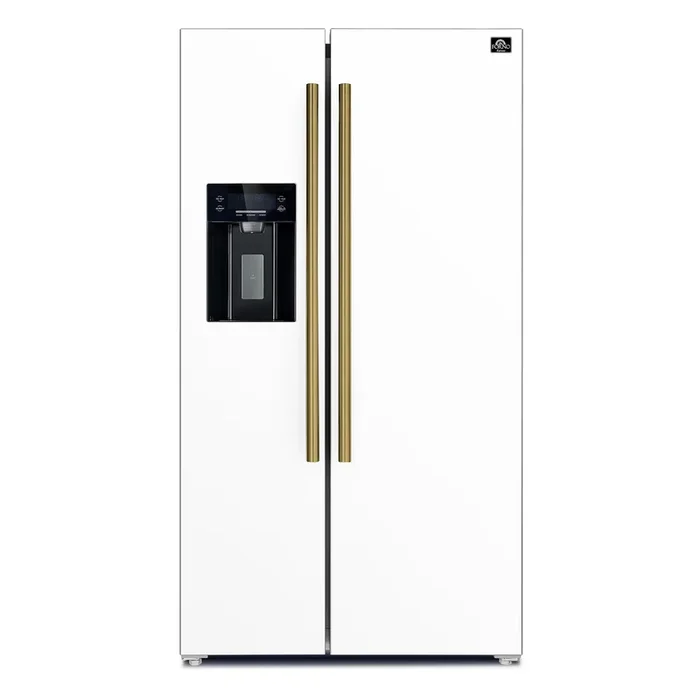 FORNO Espresso Salerno 36″ 20 cu. ft. Side-By-Side Refrigerator with Water and Ice Dispenser in White with Antique Brass Handles
