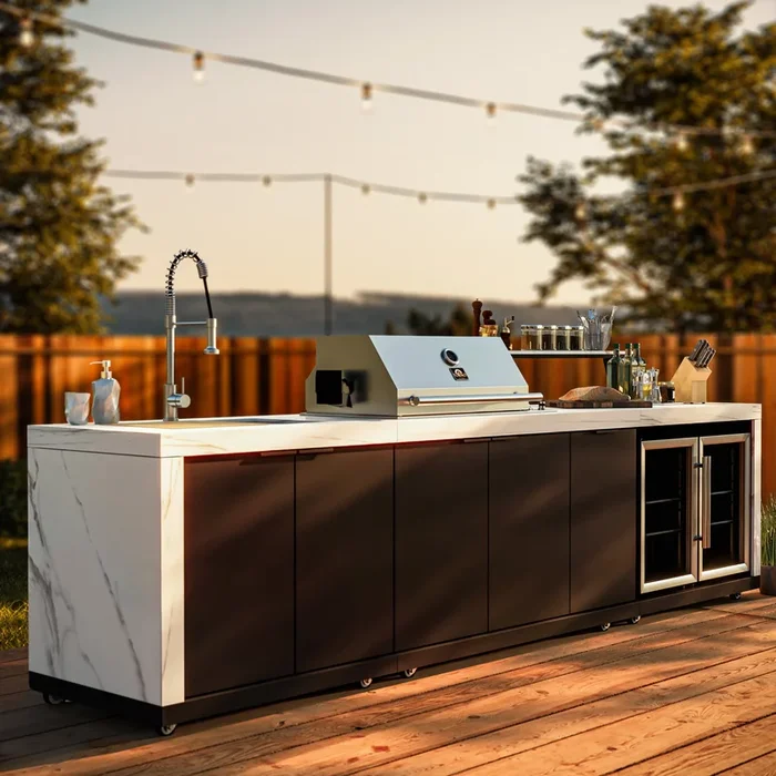 Forno Rimini Outdoor Kitchen – 30″ BBQ, 62,600 BTU, 3 Burners with Sear & Rotisserie, 4.8 cu.ft. Beverage Center, Stainless Steel Double Sink, Black Cabinets & White Sintered Stone Countertops