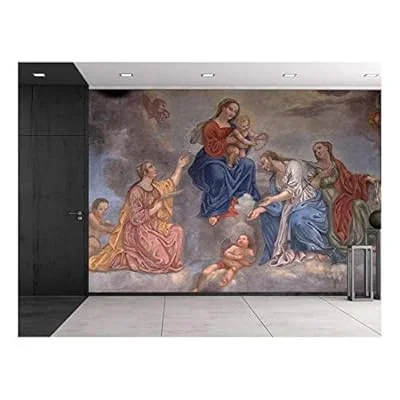 Franciscan Fresco Slovenia – Virgin Mary and Baby Jesus Surrounded by Saints and Angels – Catholic Christianity – Wall Mural, Removable Sticker, Home Decor – 100×144 inches