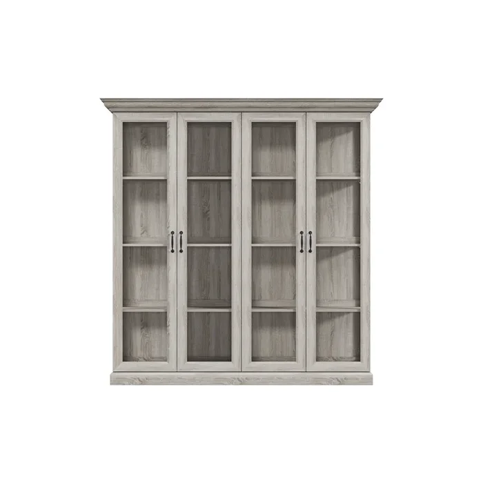 FUFU&GAGA 68.5” Rustic Grey Oak 4-Door Glass Display Cabinet with LED Light and Crown Molding, Modern Tall Storage Cabinet for Living Room or Dining Room (68.5 in. W x 18.7 in. D x 69.1 in. H), Rustic Grey Oak