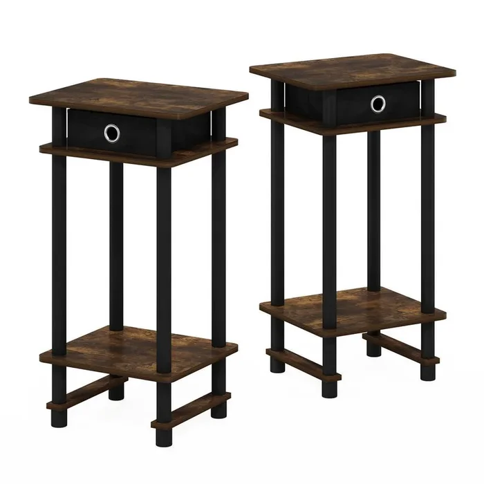 Furinno Turn-N-Tube Tall End Table with Bin, Amber Pine/Black, Set of 2