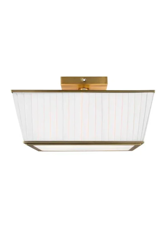 Generation Lighting Esther Flush Mount Time Worn Brass Finish With Milk White Glass Diffuser And White Linen Pleated Fabric Shade (LF1044TWB)