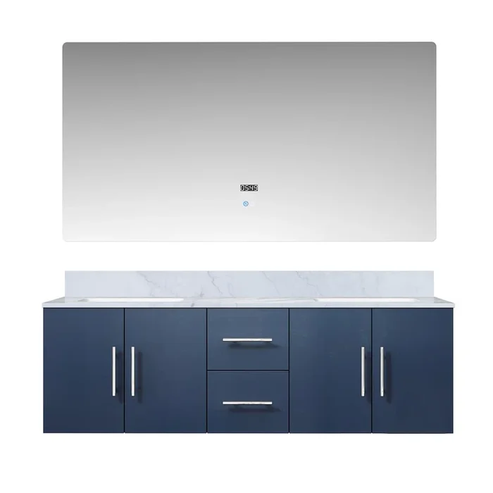 Geneva 60 in. W x 22 in. D Navy Blue Double Bath Vanity, Carrara Marble Top, and 60 in. LED Mirror