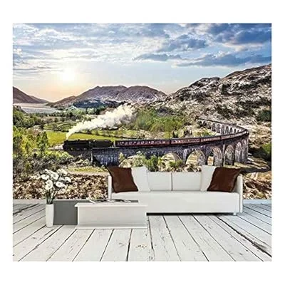 Glenfinnan Railway Viaduct in Scotland with The Jacobite Steam Train Against Sunset Over Lake – Removable Wall Mural | Self-Adhesive Large Wallpaper – 66×96 inches