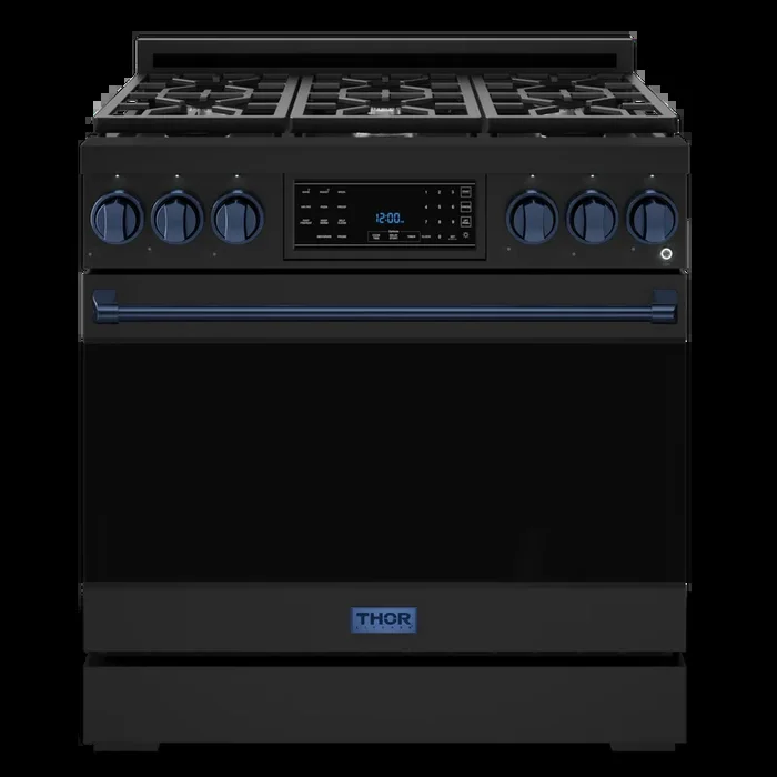 Gordon Ramsay by THOR Kitchen 36″ 6.0 cu. ft. Professional Propane Gas Range with Tilt Panel Touch Control, Self-Clean and Air Fry in Matte Black with Navy Blue Accents, RSG36BLP-BLU