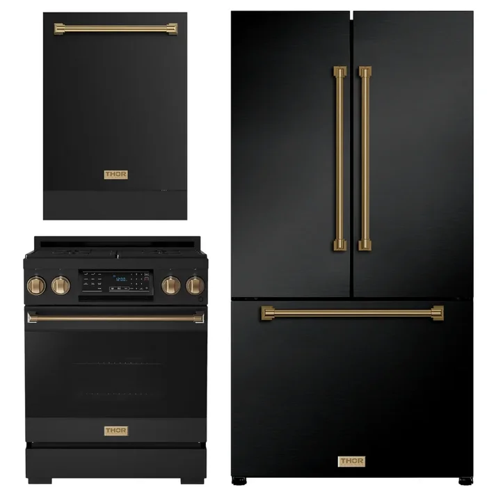 Gordon Ramsay by THOR Kitchen Package – 30″ Gas Range, 36″ Refrigerator with Ice Maker and Dishwasher in Black Matte with Bronze Accents, AP-RSG30B-BRZ-2