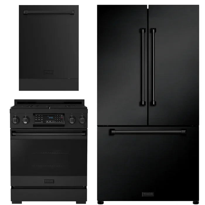 Gordon Ramsay by THOR Kitchen Package – 30″ Gas Range, 36″ Refrigerator with Ice Maker and Dishwasher in Black Matte with Black Accents, AP-RSG30B-2