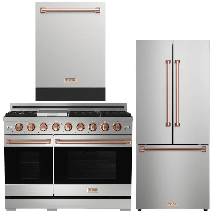 Gordon Ramsay by THOR Kitchen Package – 48″ Gas Range, 30″ Refrigerator with Ice Maker and Dishwasher in Stainless Steel with Rose Gold Accents, AP-RSG48E-RSG-1