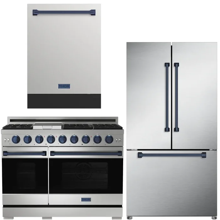 Gordon Ramsay by THOR Kitchen Package – 48″ Gas Range, 36″ Refrigerator with Ice Maker and Dishwasher in Stainless Steel with Navy Blue Accents, AP-RSG48E-BLU-2