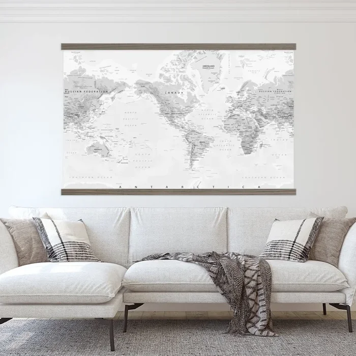 Gray World Map Wall Art – Large Canvas Print and Wood Frame