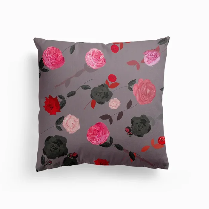 Hand Drawn Pink And Red Peony And Roses Canvas Cushion by Gulsen Gunel