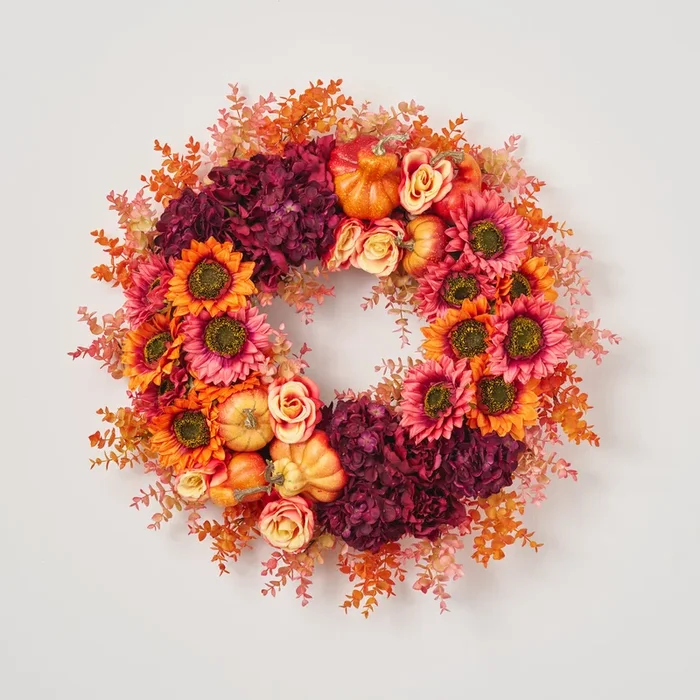 Harvest Sunsets – Pink & Orange Sunflower, Wine Hydrangea, Flame Rose & Pumpkin Fall Floral Front Door Wreath