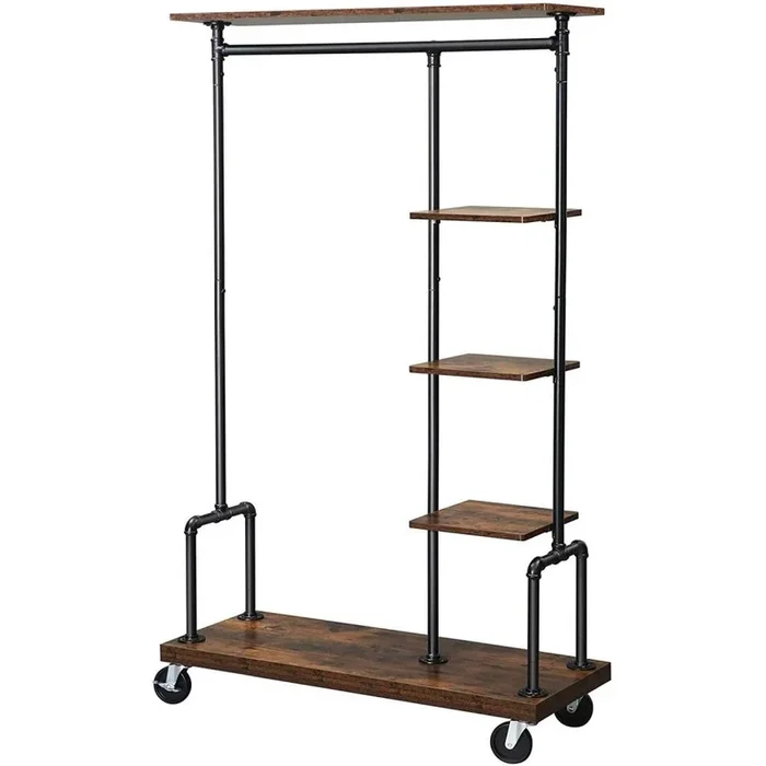 Hivvago Farmhouse 5 Tier Laundry Pipe Garment Closet Rack Wheels