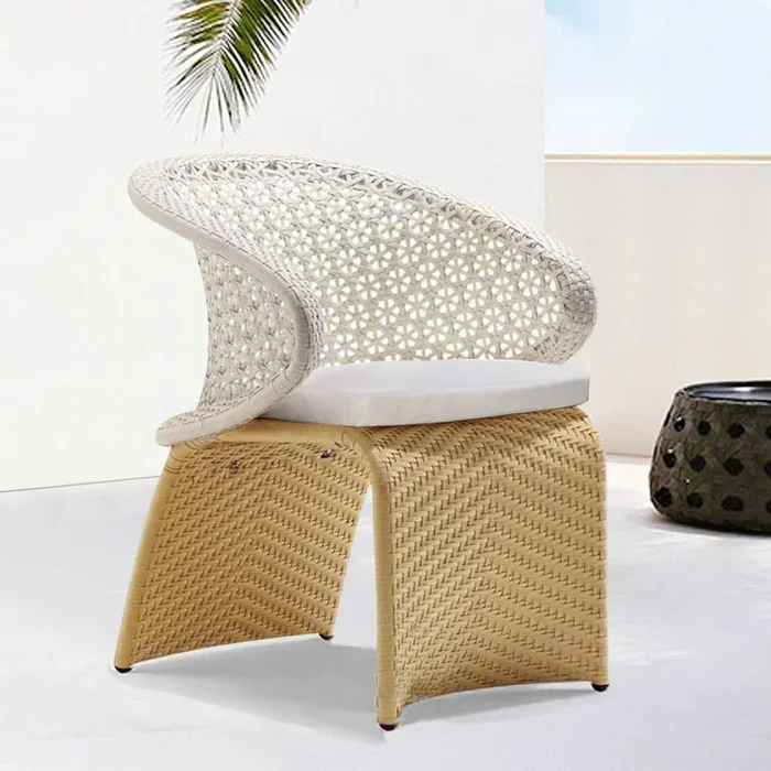 Hofer Outdoor Plastic Rattan Patio Armchair with White Cushion Arched Bottom Low-Back