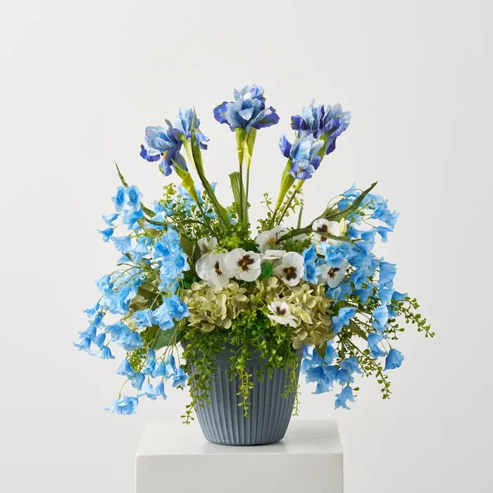 Hues of Blue – Iris, Bellflower, White Pansy & Green Hydrangea Outdoor Urn Pot Filler Arrangement