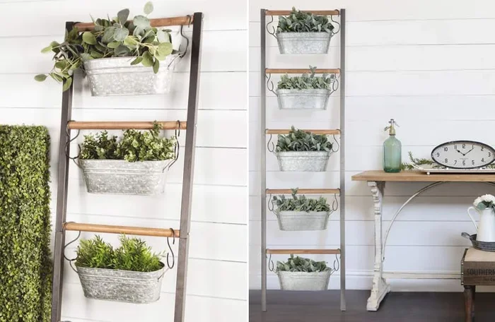 *HUGE* Farmhouse Ladder With Galvanized Planters – Decor Steals