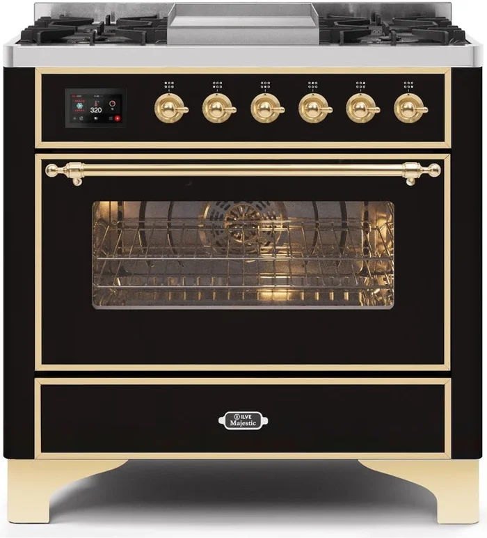 ILVE Majestic II 36″ Dual Fuel Propane Gas Range in Glossy Black with Brass Trim, UM09FDNS3BKGLP