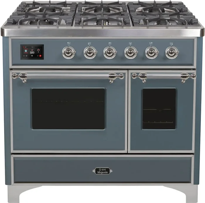 ILVE Majestic II 40″ Dual Fuel Natural Gas Range in Blue Grey with Chrome Trim, UMD10FDNS3BGC