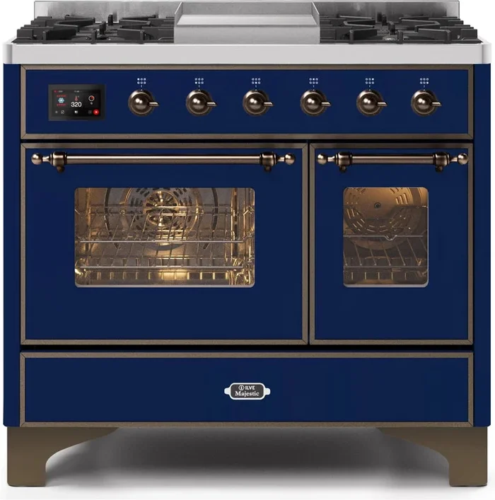ILVE Majestic II 40″ Dual Fuel Natural Gas Range in Blue with Bronze Trim, UMD10FDNS3MBB
