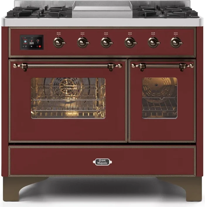 ILVE Majestic II 40″ Dual Fuel Natural Gas Range in Burgundy with Bronze Trim, UMD10FDNS3BUB