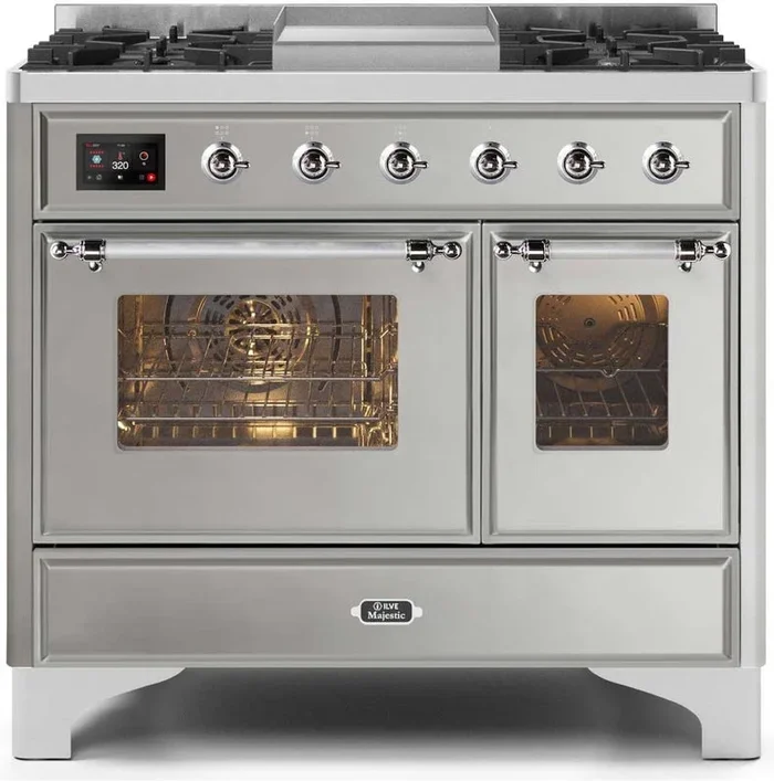 ILVE Majestic II 40″ Dual Fuel Natural Gas Range in Stainless Steel with Chrome Trim, UMD10FDNS3SSC