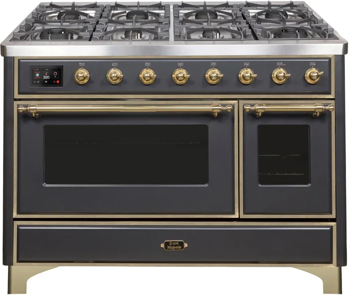ILVE Majestic II 48″ Dual Fuel Propane Gas Range in Matte Graphite with Brass Trim, UM12FDNS3MGGLP