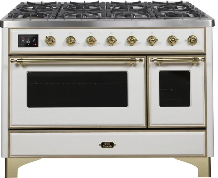 ILVE Majestic II 48″ Dual Fuel Propane Gas Range in White with Brass Trim, UM12FDNS3WHGLP