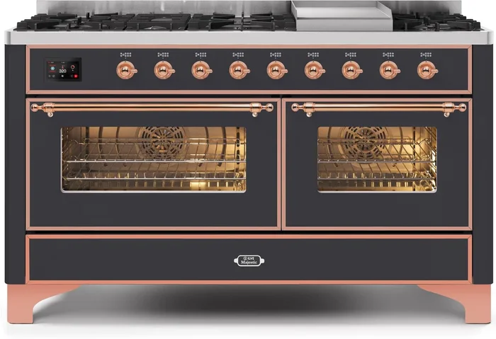 ILVE Majestic II 60″ Dual Fuel Natural Gas Range in Matte Graphite with Copper Trim, UM15FDNS3MGP