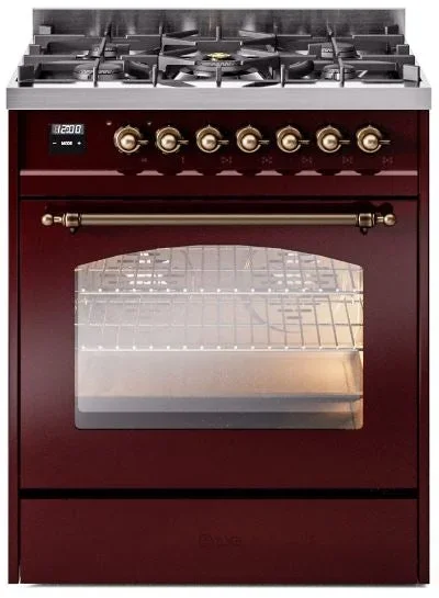 ILVE Nostalgie II 30″ Dual Fuel Natural Gas Range in Burgundy with Bronze Trim, UP30NMPBUB
