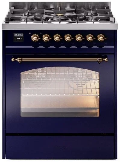 ILVE Nostalgie II 30″ Dual Fuel Propane Gas Range in Blue with Bronze Trim, UP30NMPMBBLP