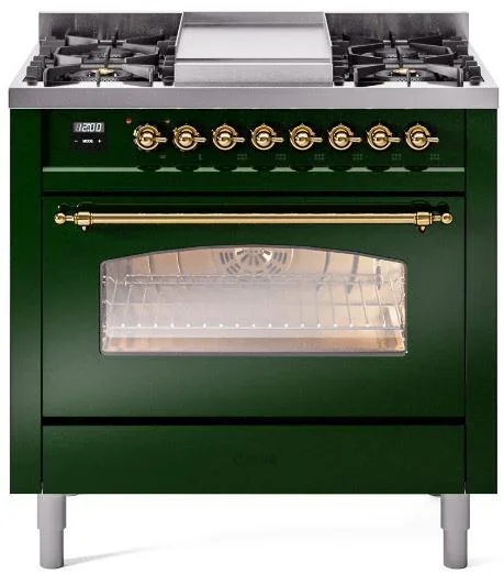 ILVE Nostalgie II 36″ Dual Fuel Natural Gas Range in Emerald Green with Brass Trim, UP36FNMPEGG