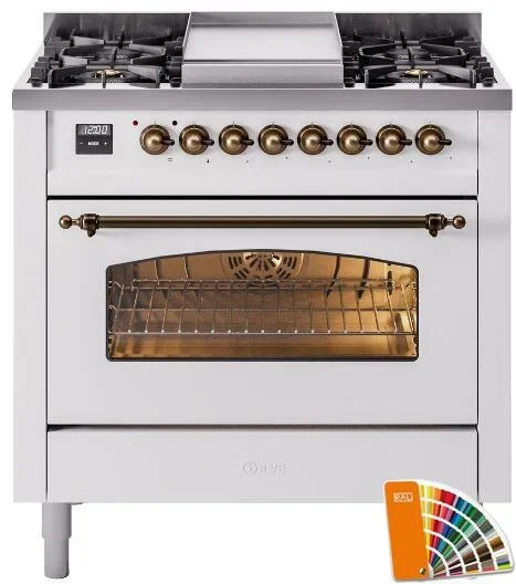 ILVE Nostalgie II 36″ Dual Fuel Natural Gas Range in RAL Custom Color with Bronze Trim, UP36FNMPRAB