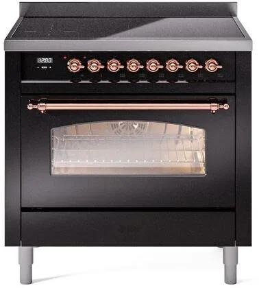 ILVE Nostalgie II 36″ Induction Range with Element Stove and Electric Oven in Glossy Black with Copper Trim, UPI366NMPBKP